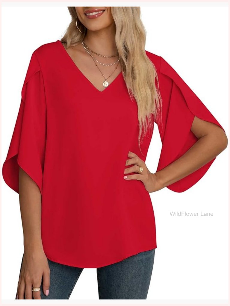 Women's 3/4 Ruffle Sleeve Chiffon Blouse Casual Loose Fit Top